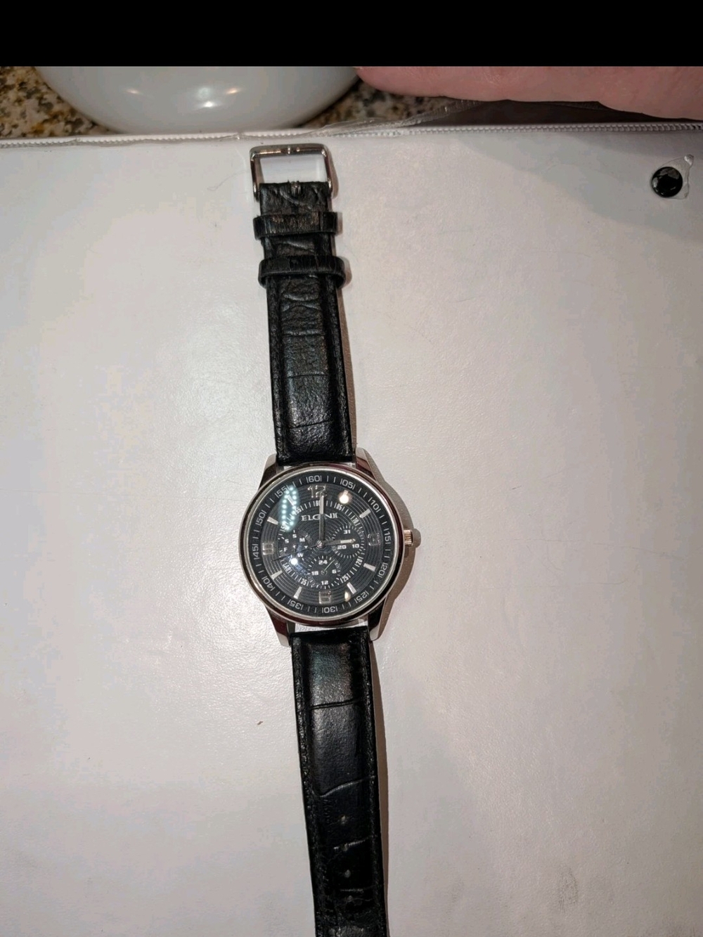 Elgin Men's Black Leather Strap Watch with Stainless Silver Case